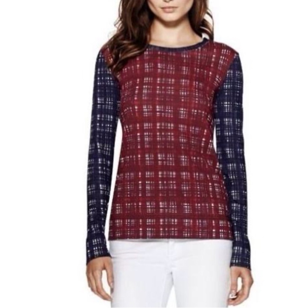 Tory Burch Navy and Red Patterned Crewneck Top
